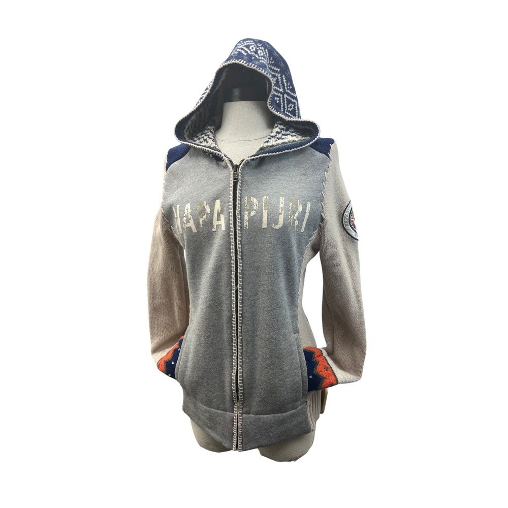 Napapijri Full Zip Hooded Sweater Womens Medium Gray Wool Blend Excellent Nordic